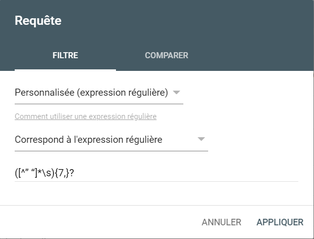 Requête d'expression régulière longue traine search console